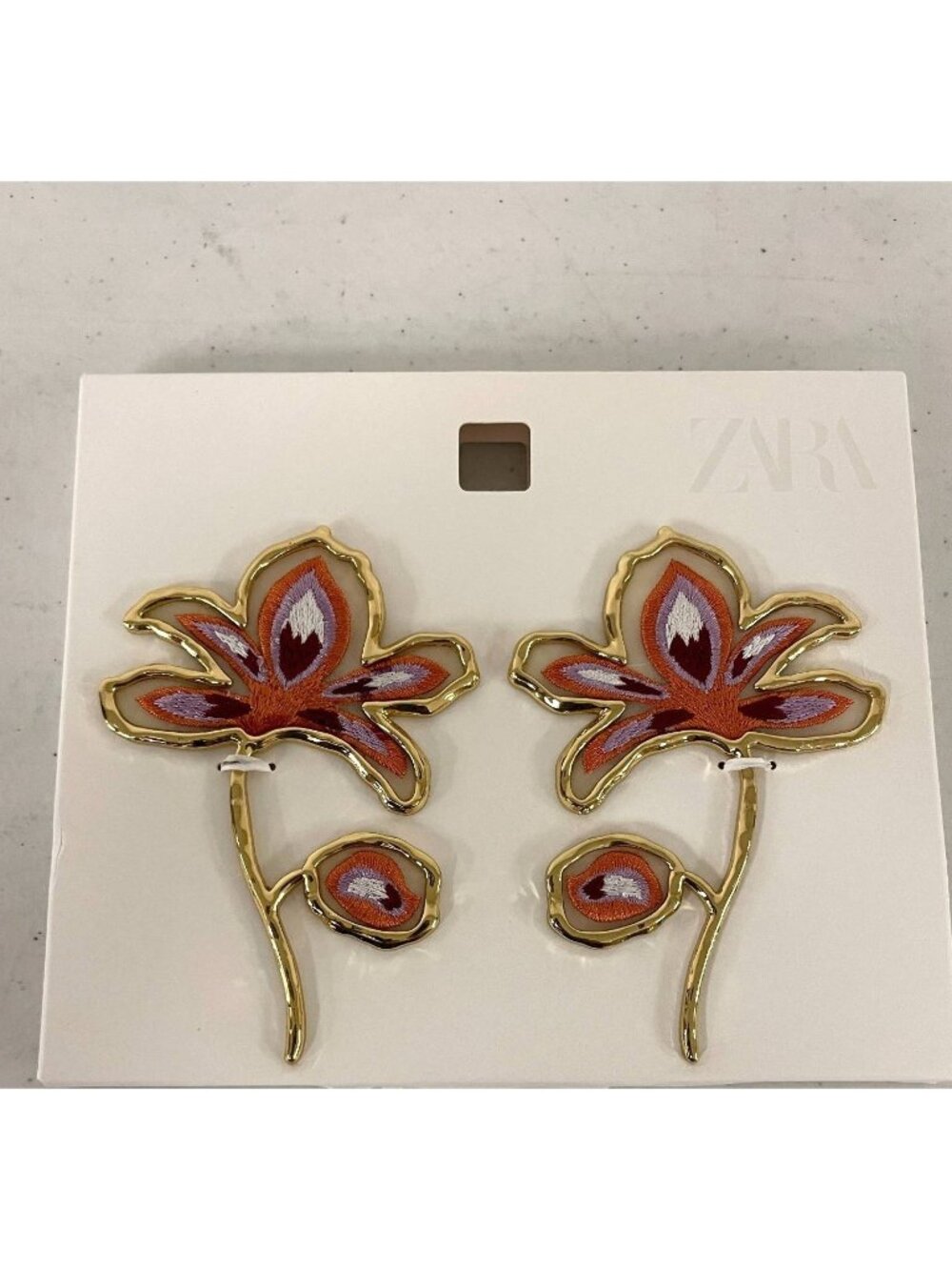 Zara Gold Tone Embroidered Flower Statement Earrings New On Card 1011/202/303
